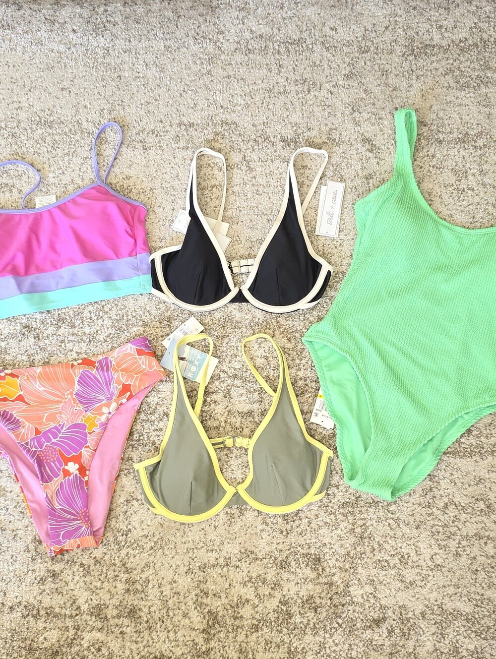 NWT Juniors Salt Cove Neon Green Bathing Suit Bikini Tops ROXY Bottoms Sz M LOT